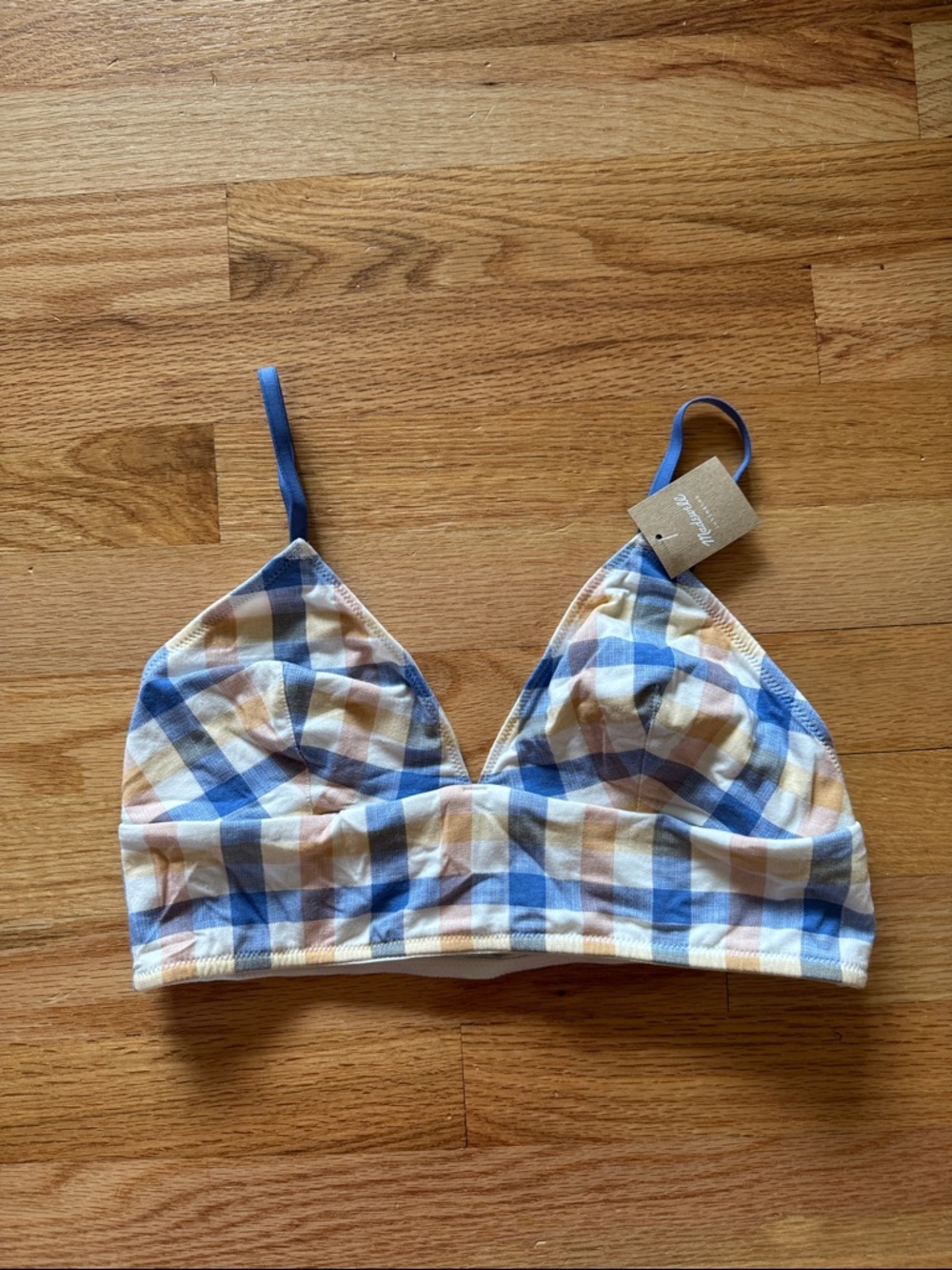 Price Drop! NWT Madewell Size L Plaid Bralette with Blue and Tan Checks